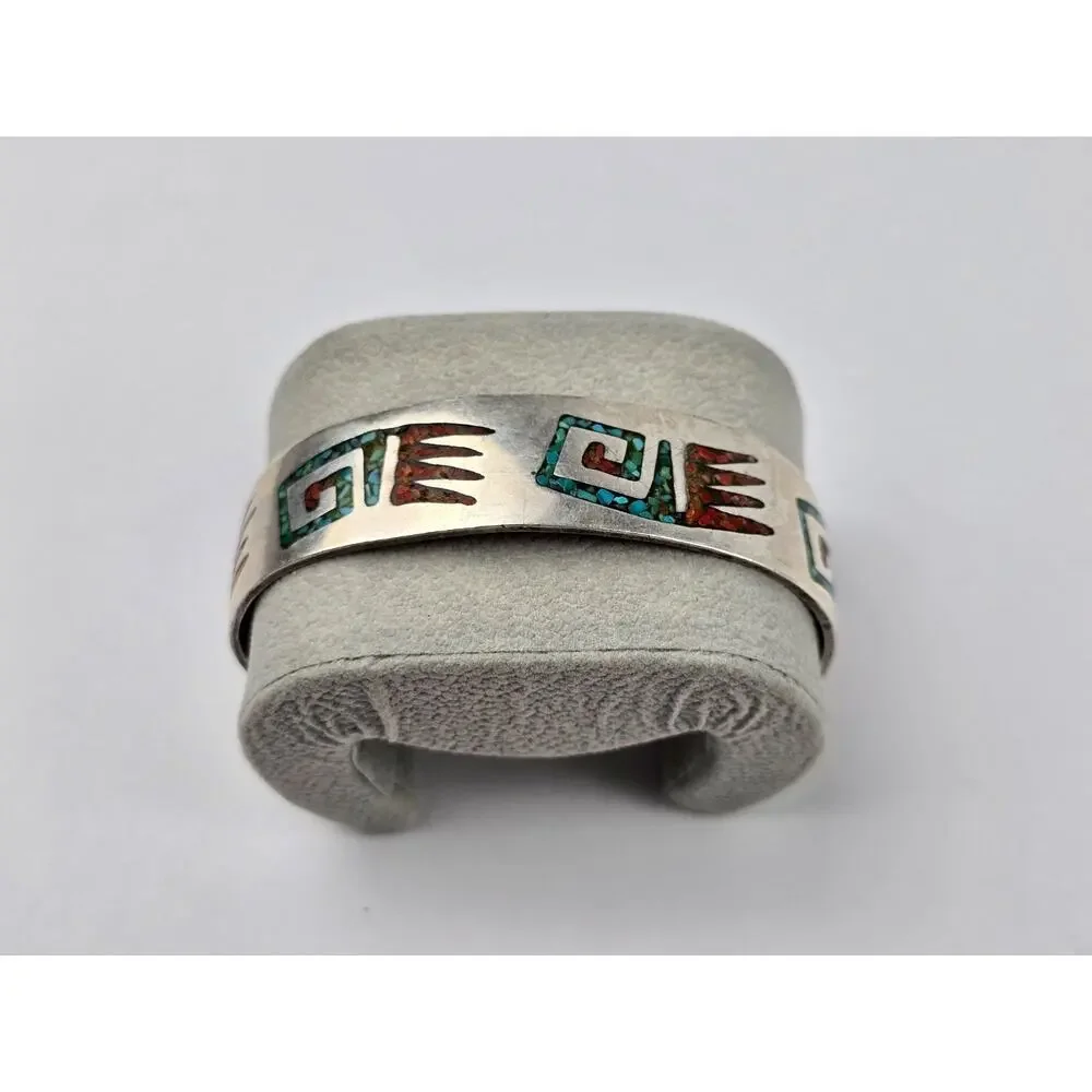 Navajo Sterling Silver Crushed Chip Turquoise & Coral Flush Cuff Bracelet 7.5